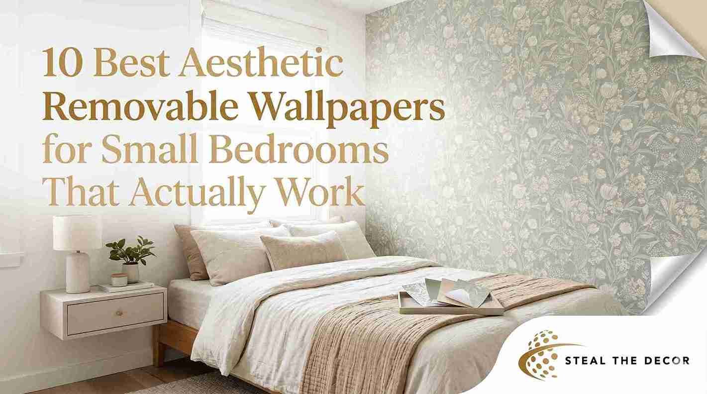 Best aesthetic removable wallpapers for small bedrooms featured image showcasing a beautifully styled neutral tone botanical peel and stick accent wall in a cozy bedroom with Steal The Decor branding.