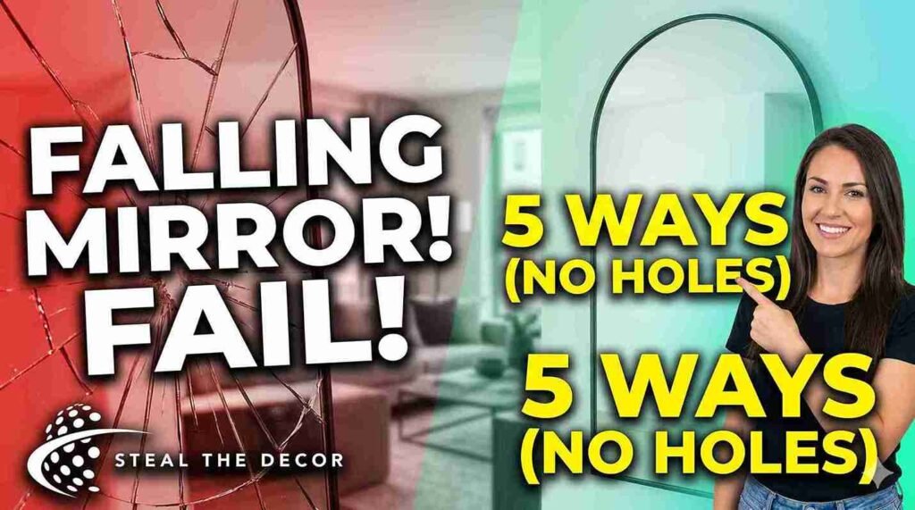 A large, stylish arched mirror safely mounted on a living room wall above a console table