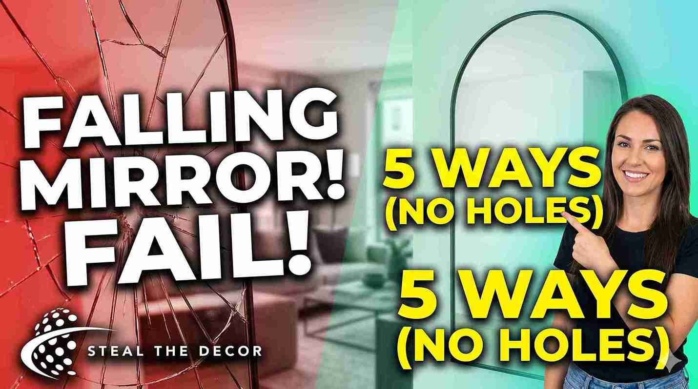 A large, stylish arched mirror safely mounted on a living room wall above a console table