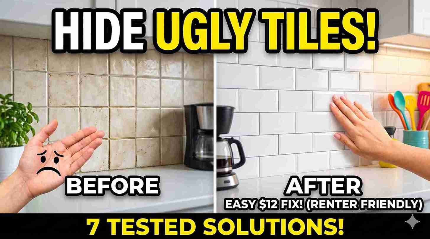 How to hide ugly kitchen tile backsplash using renter friendly marble contact paper.