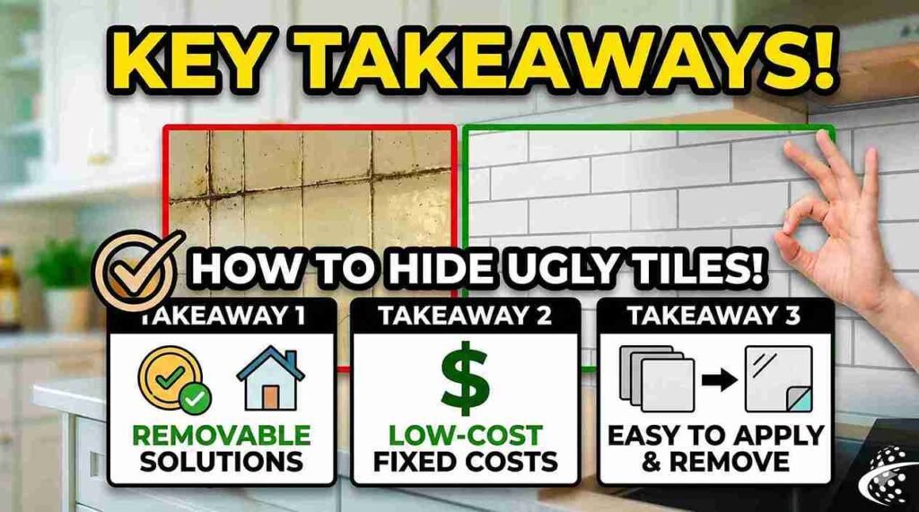 Applying removable wallpaper to demonstrate how to hide ugly kitchen tile backsplash.