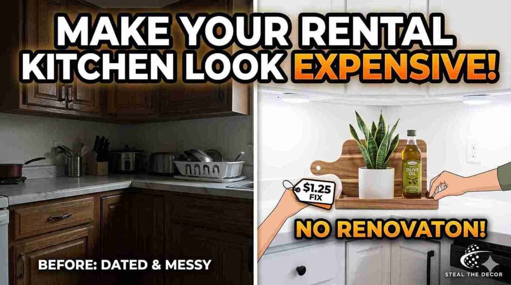 Luxury rental kitchen ideas on a budget featuring a thrifted cutting board and plants.