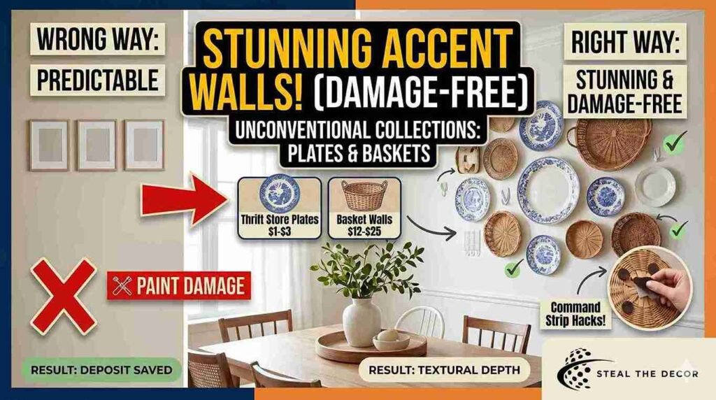 Vintage floral fabric applied to a bathroom wall using cornstarch paste, a unique DIY rental-friendly accent wall idea.
