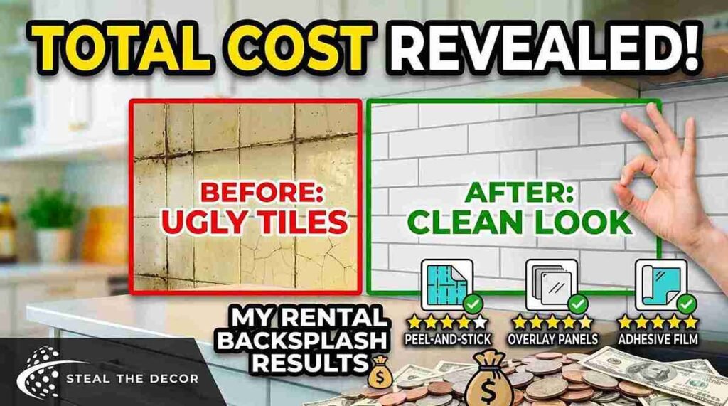 Rental kitchen backsplash covered with peel-and-stick tile overlay—before and after transformation for $47
