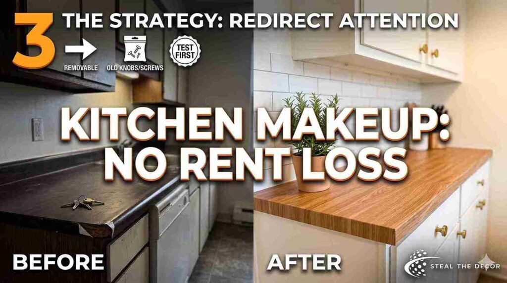 D-C-Fix marble contact paper countertops before and after installation in a rental kitchen.