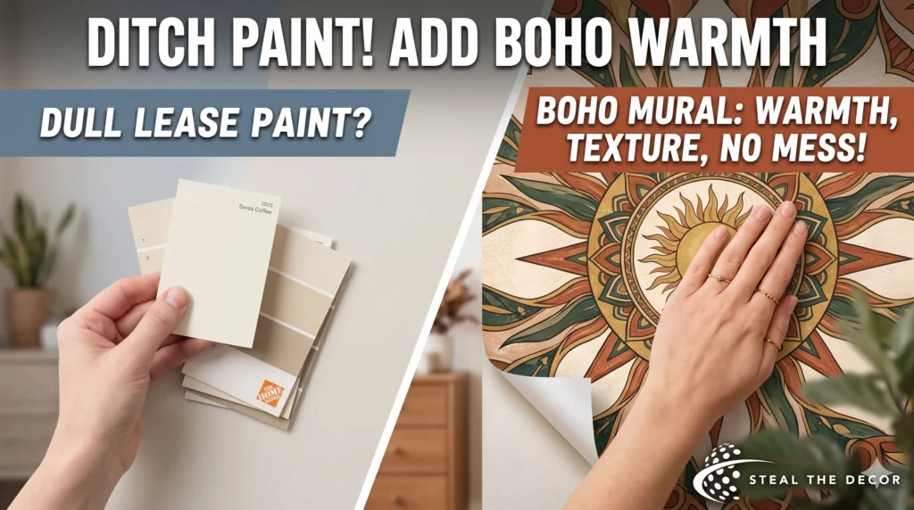 Two panel split mandala removable Boho mural installed in a small bathroom