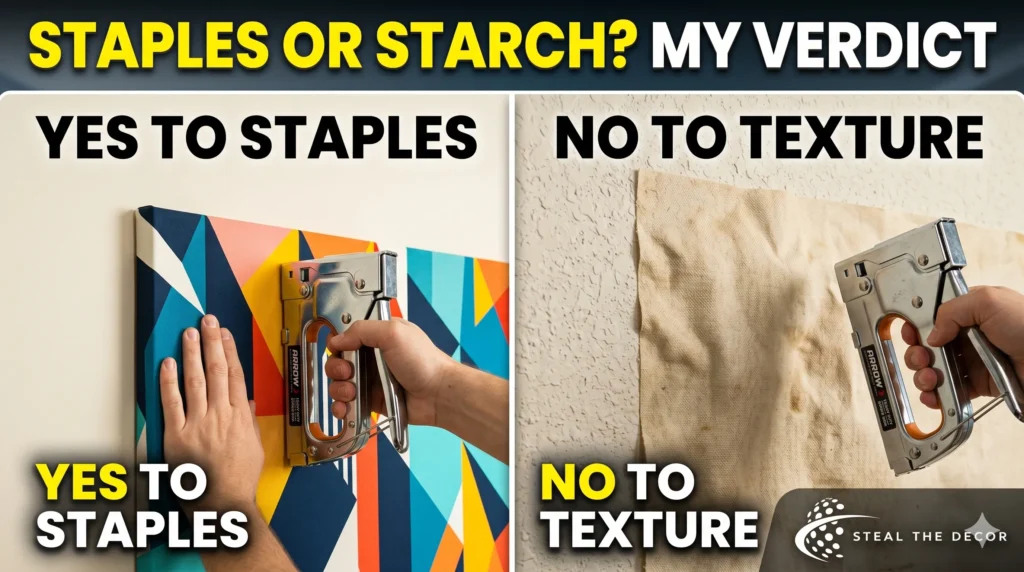Filling tiny pinholes left by a stapled fabric as wallpaper project using a small tub of spackle.