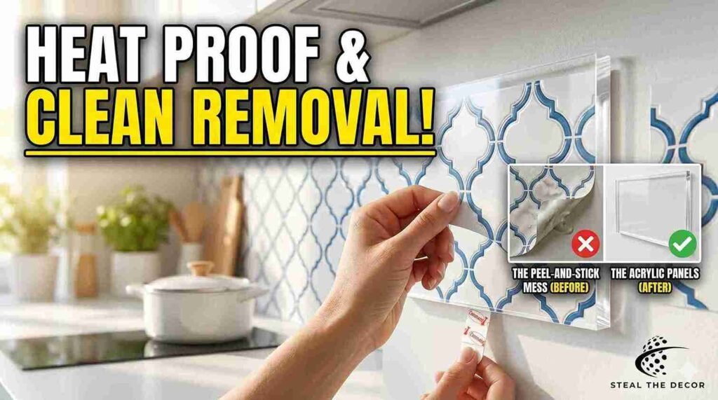 Clear acrylic sheet mounted with Command strips protecting a decorative paper backsplash.