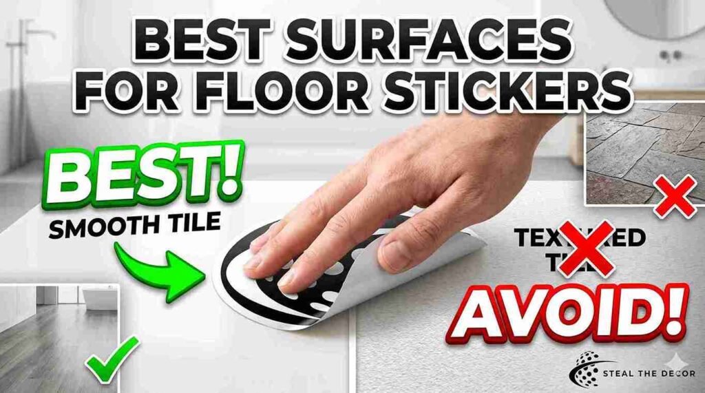 Budget friendly apartment DIY tutorial on how to apply vinyl floor stickers in a rental bathroom.