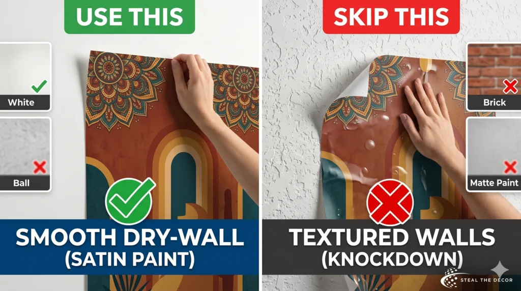 Using painter's tape to do a dry run installation of a removable Boho mural