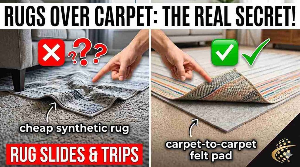 A thin geometric kilim rug layered perfectly flat on top of neutral broadloom carpeting.