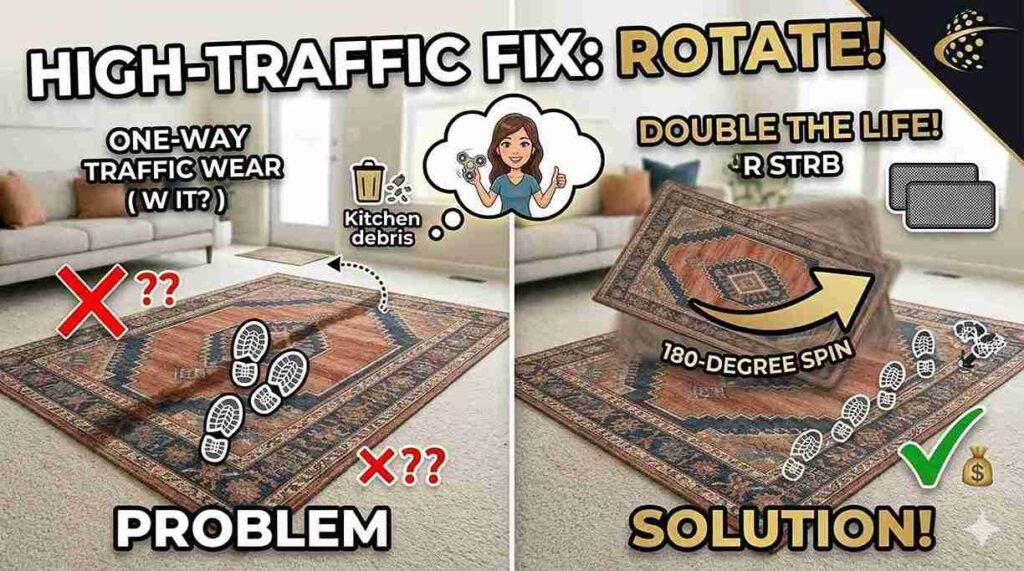 An 8x10 rug size guide diagram showing the correct placement of furniture legs on a layered rug.
