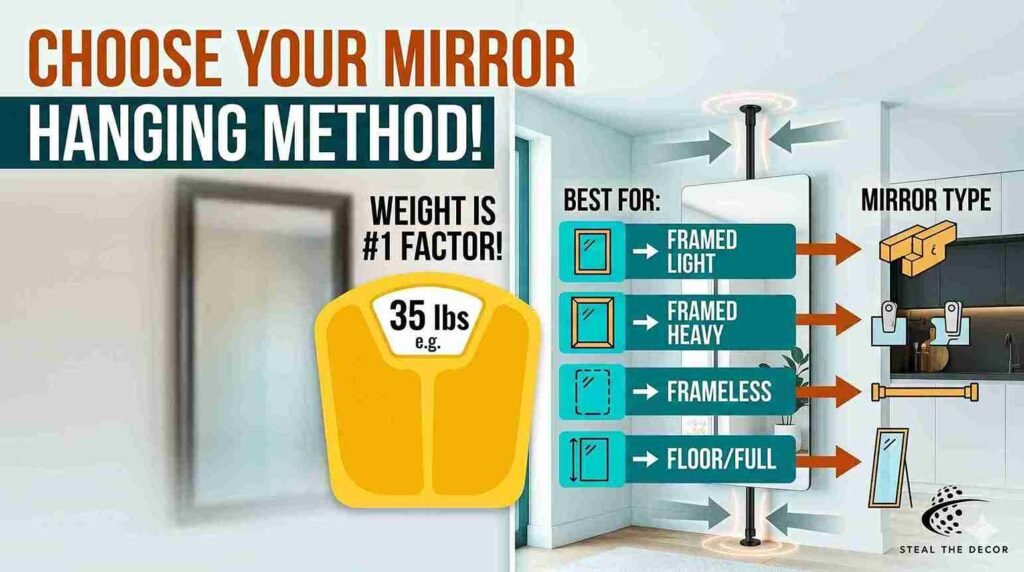 Infographic or data table comparing mirror weights, damage levels, and difficulty for 5 hanging methods