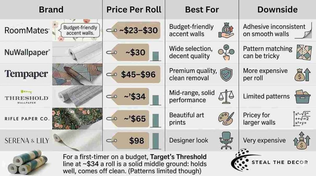 Detailed infographic comparing leading peel-and-stick wallpaper brands like Tempaper, RoomMates, and NuWallpaper on price and performance.