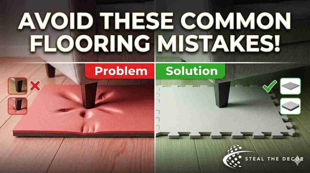 Infographic comparing interlocking tiles, peel-and-stick vinyl, and area rugs for temporary flooring suitability.