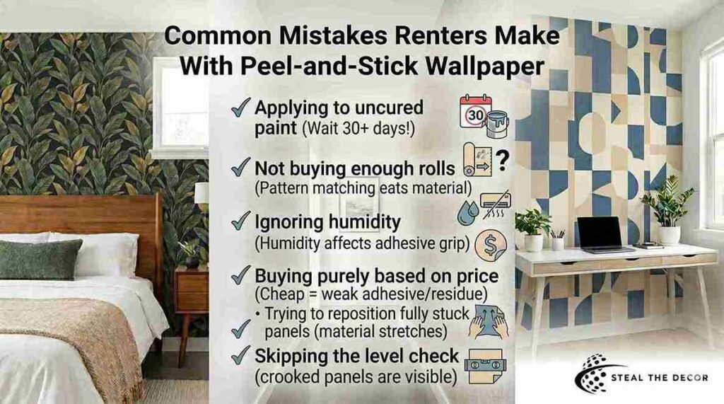 A composite image listing common mistakes renters make with peel-and-stick wallpaper, such as applying to uncured paint or ignoring humidity.