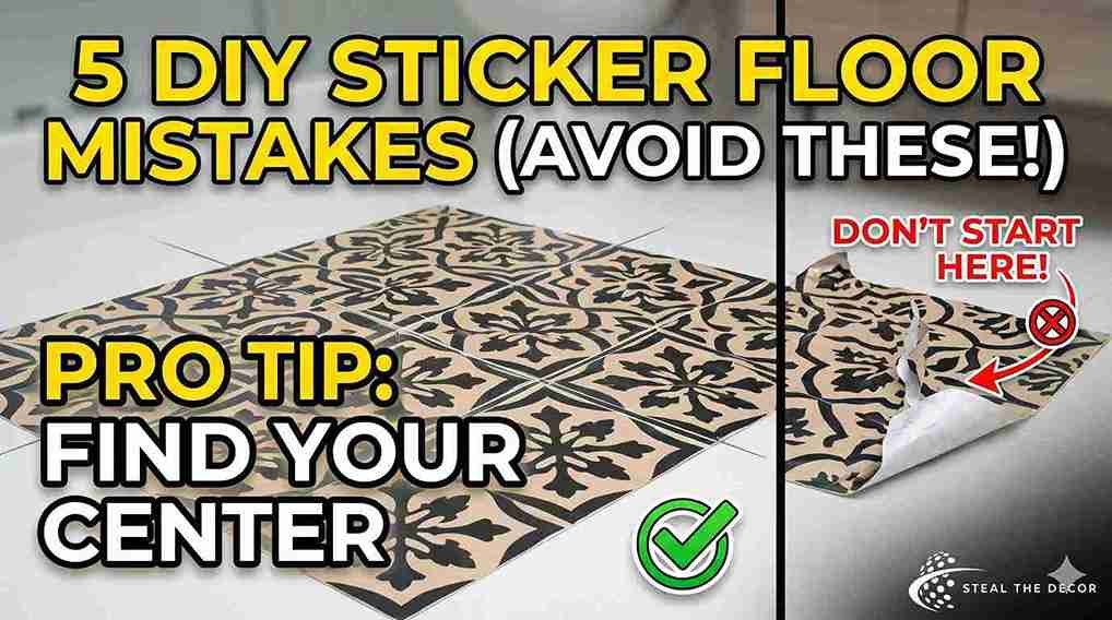 Applying Daphne pattern peel and stick tiles while figuring out how to apply vinyl floor stickers in a rental bathroom.