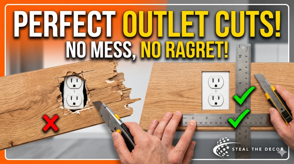 How to score and cut a rectangular hole in peel-and-stick wood planks for an electrical outlet.