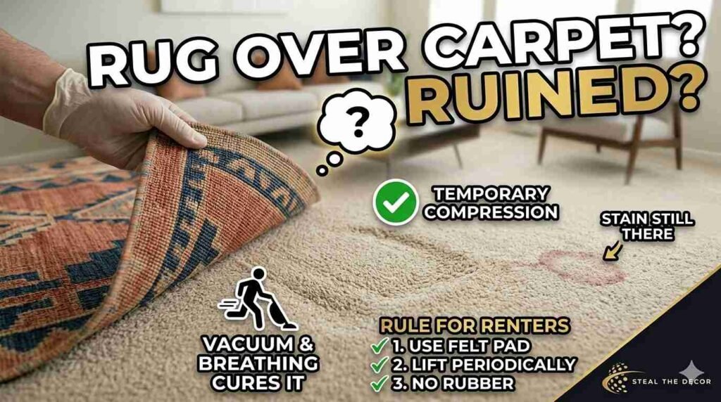 Comparison of a low-profile synthetic rug vs a shifting high-pile shag rug on carpet.