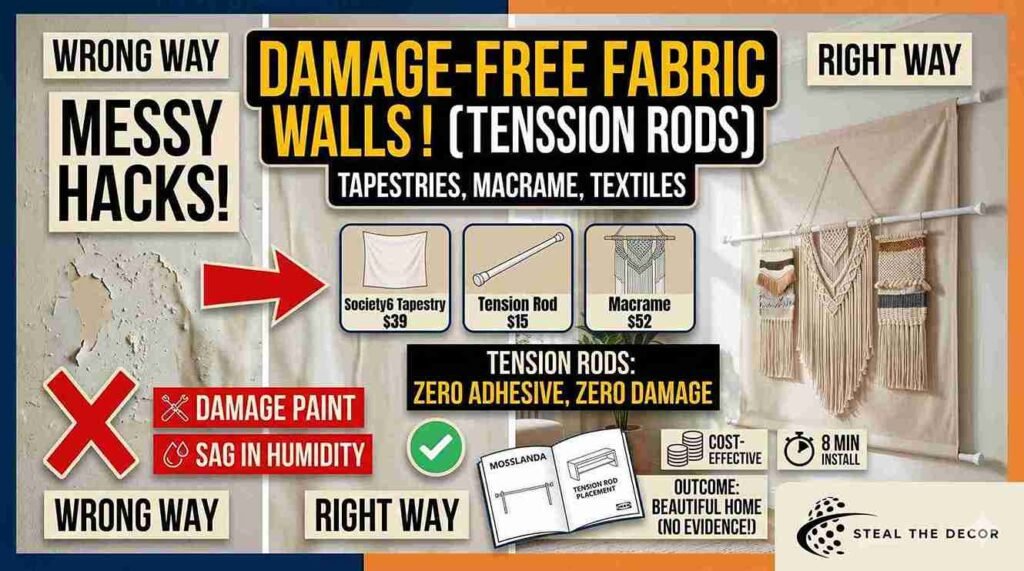 Colorful fabric tapestry stretched across a bedroom wall using a tension rod for cheap rental-friendly accent wall ideas.