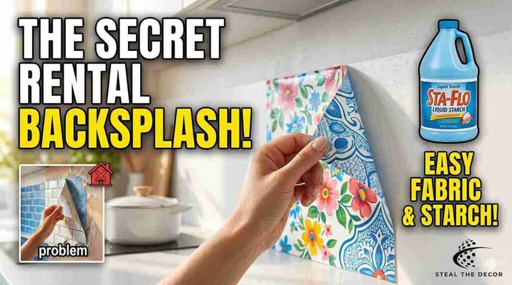 Vintage printed oilcloth fabric attached to a wall as a creative temporary backsplash.