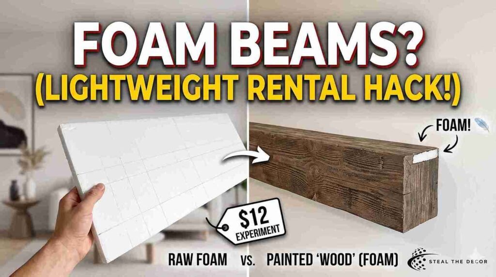 Applying Tempaper removable wood-grain wallpaper paneling in a rental apartment.