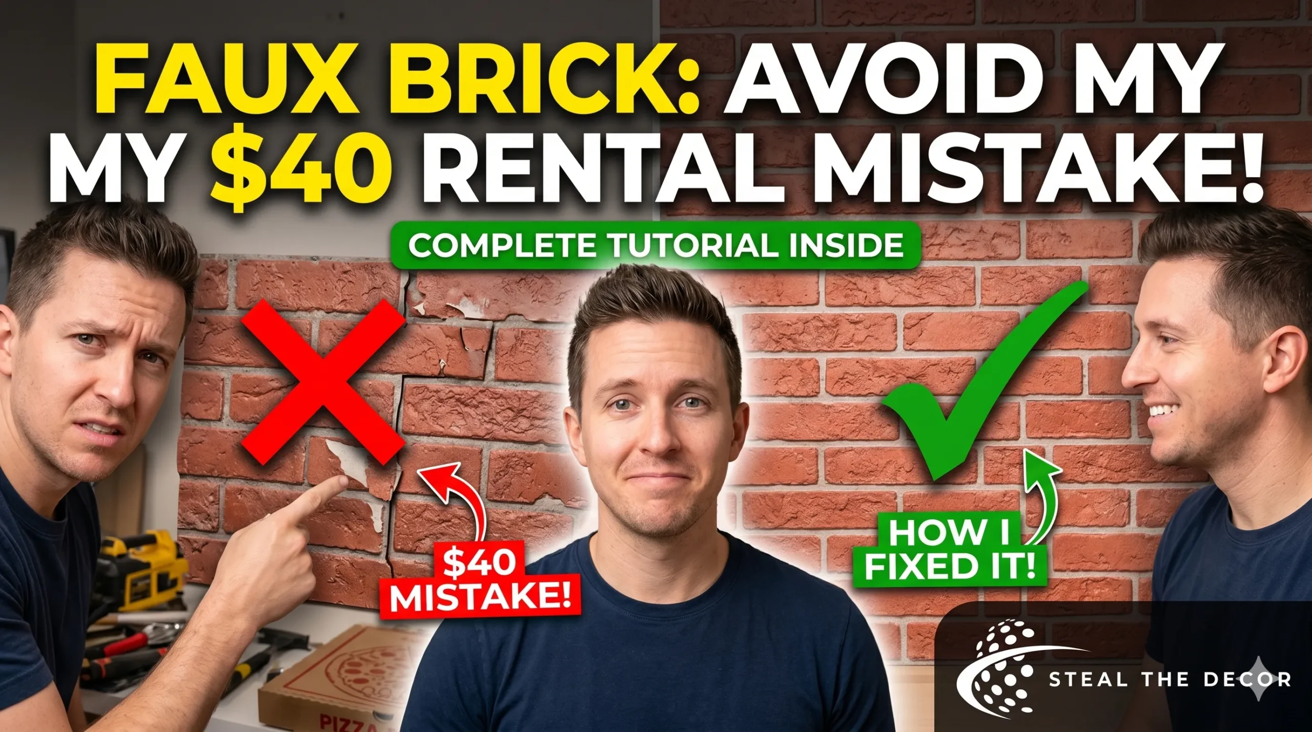 Before and after transformation of a renter friendly faux brick wall in a bedroom