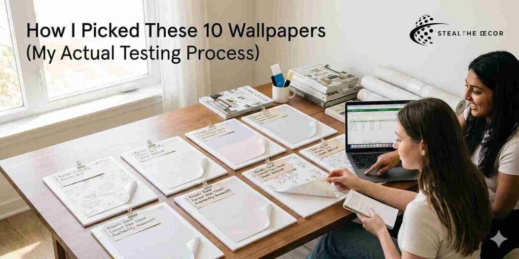 Grid comparison swatches of the 10 best aesthetic removable wallpapers for small bedrooms including botanical, geometric, and textured patterns.