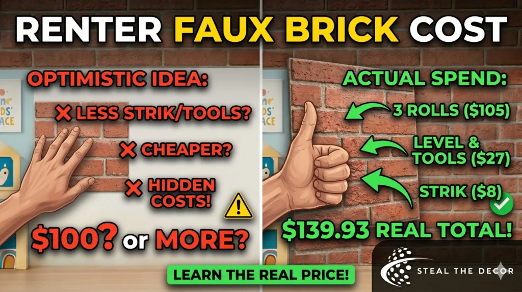 Laser level aligning a temporary faux brick panel on a textured orange peel wall