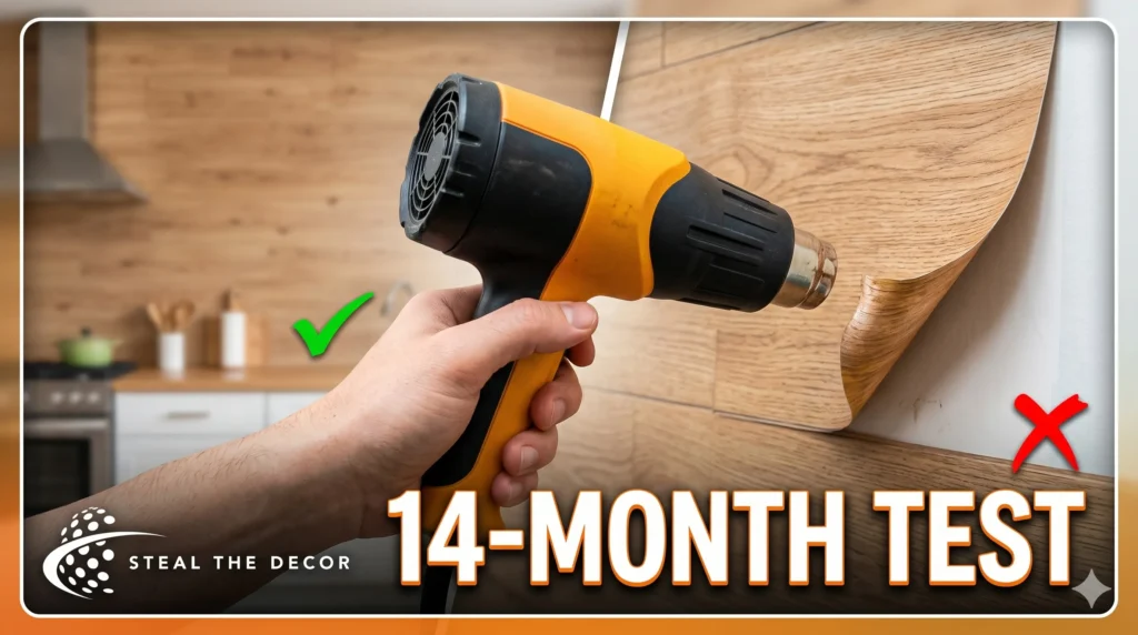 Durable RoomMates brand peel-and-stick wood planks on a kitchen accent wall after 14 months.