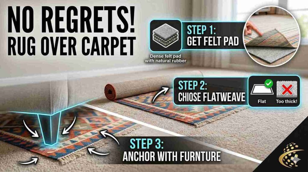 Living room furniture anchored intentionally around a large area rug over carpet to create a focal point.