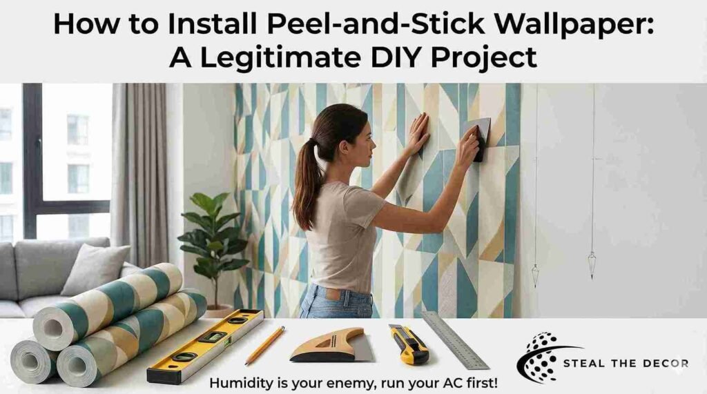 A complete DIY peel-and-stick wallpaper installation scene with tools, plumbing lines, and a user applying the geometric pattern.