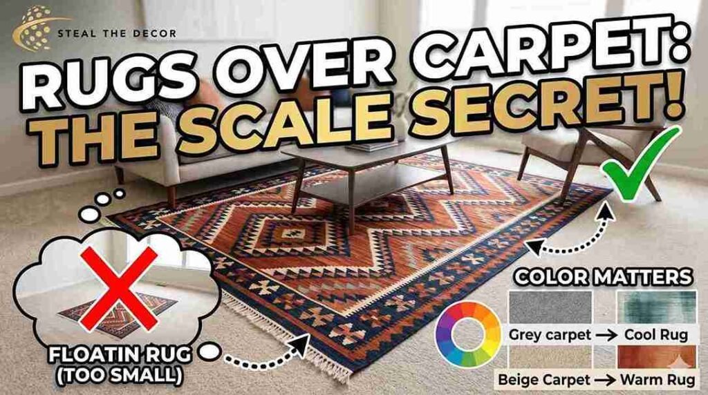 A cheap synthetic rubber-backed rug bunching up and shifting on a fibrous carpeted floor.