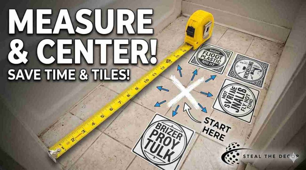 Smoothly pressing tiles with a squeegee tool while learning how to apply vinyl floor stickers in a rental bathroom.