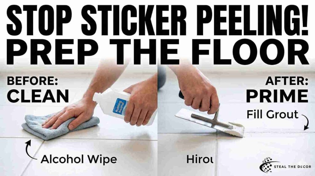 Before and after transformation showing how to apply vinyl floor stickers in a rental bathroom.