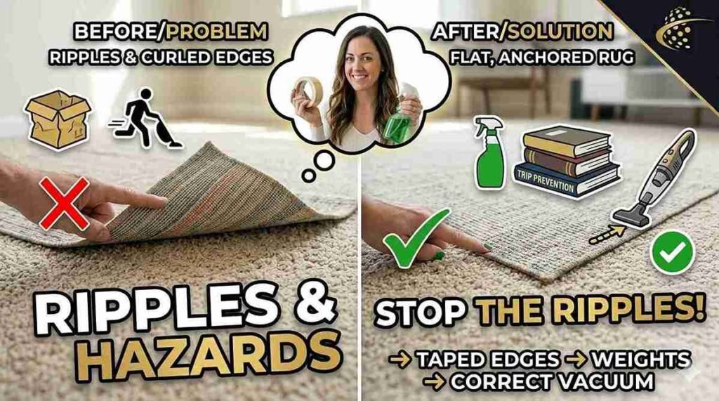 Spritzing water and placing heavy books on a creased area rug over carpet to flatten ripples.