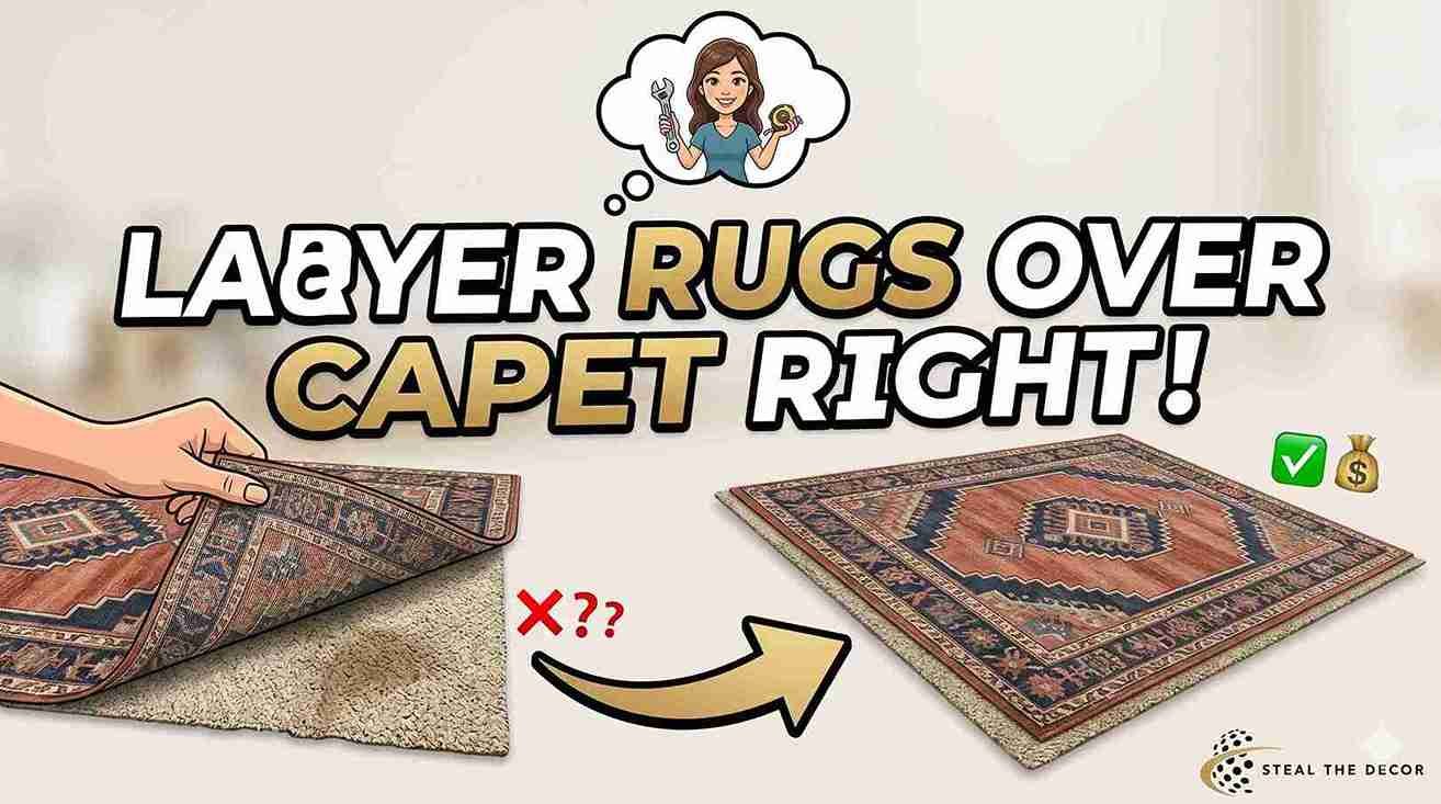 A wrinkled flatweave area rug rippling over beige wall-to-wall carpet in a rented apartment