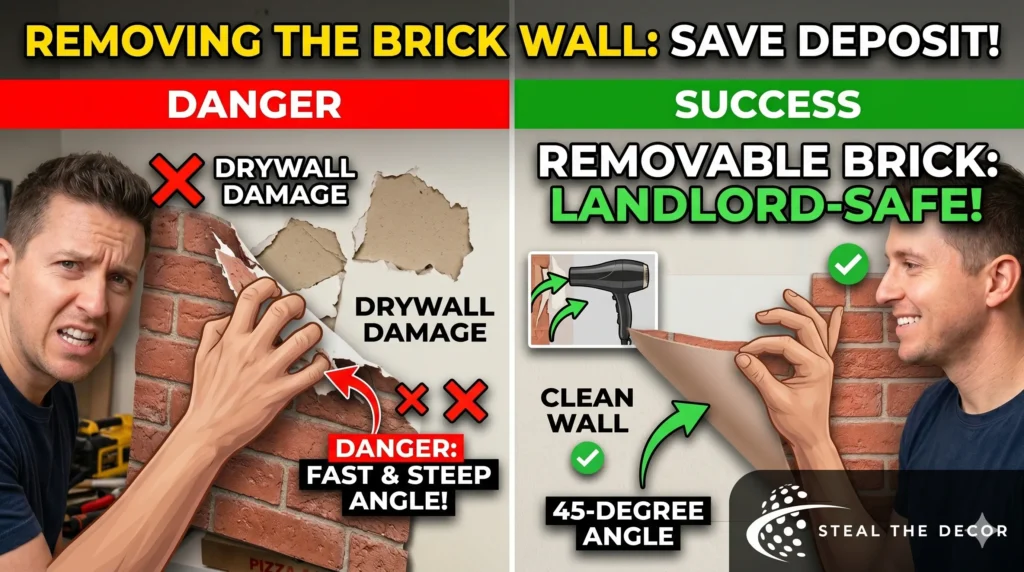 Industrial style faux brick accent wall as a video call backdrop in a living room