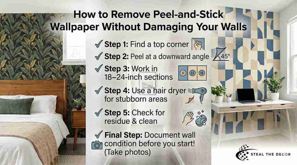 Step-by-step graphic guide illustrating how to remove peel-and-stick wallpaper without damaging walls, including hair dryer tip.