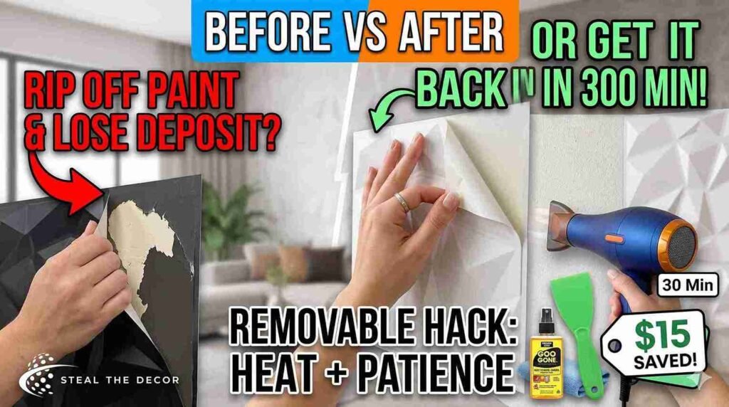 Essential tools for damage-free paneling removal including a plastic putty knife and Goo Gone.