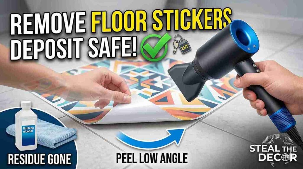 Using a hair dryer and utility knife for how to apply vinyl floor stickers in a rental bathroom corners.