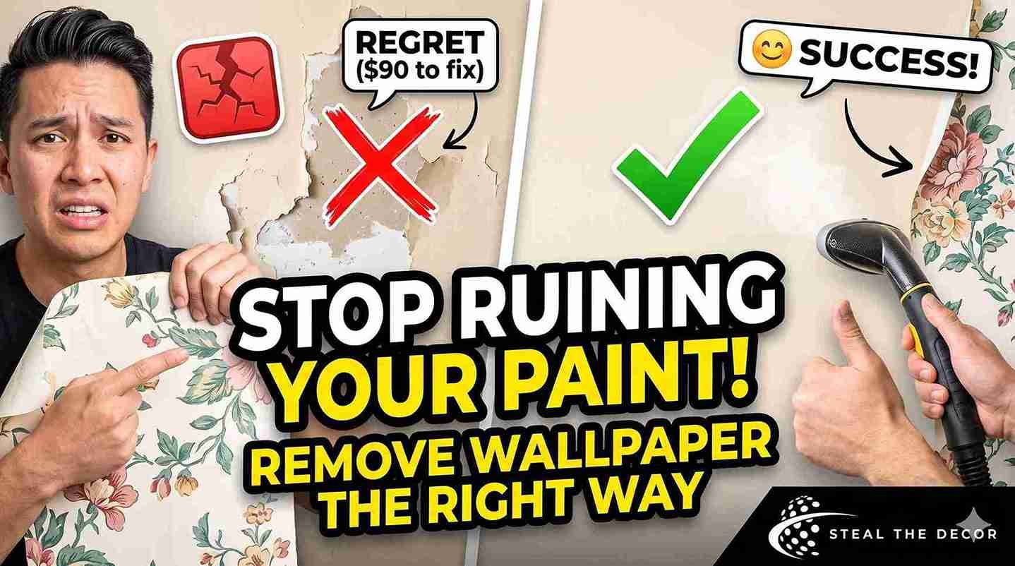 A step-by-step visual guide on how to remove wallpaper without damaging paint featuring DIY tools and safe removal methods.