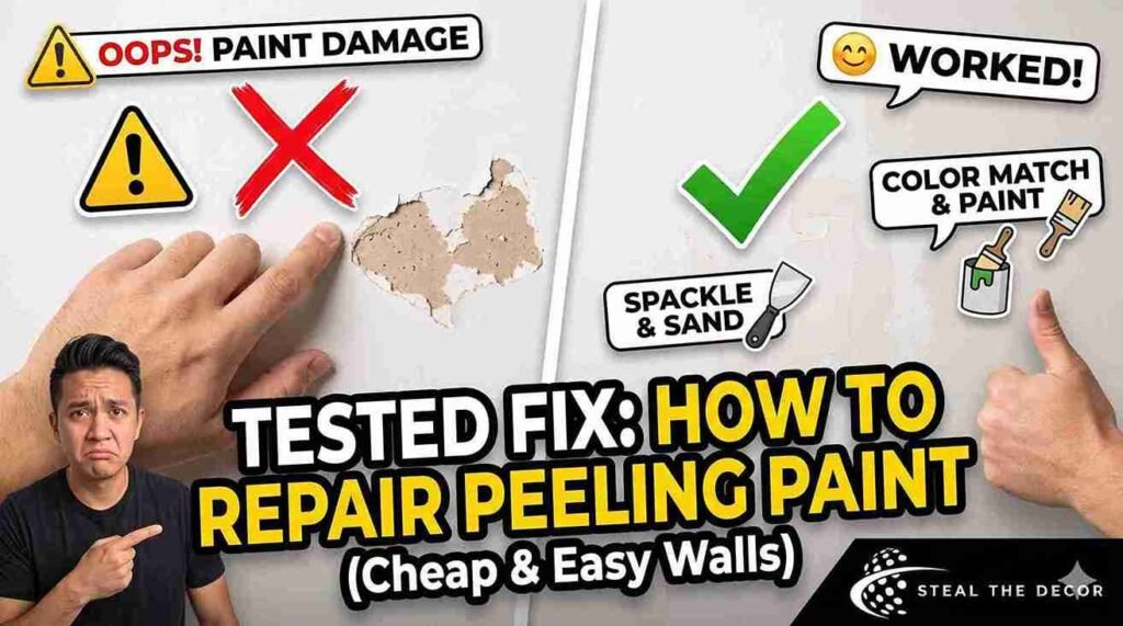 A person using a flexible putty knife to apply pink DAP DryDex spackling compound to a small damaged wall patch.