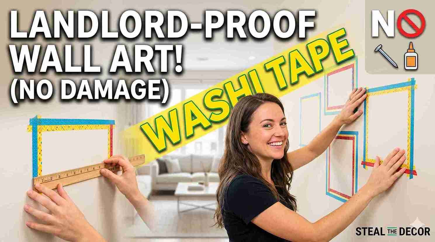 Finished DIY gallery wall showcasing how to use washi tape to create faux wall frames in a rental living room.