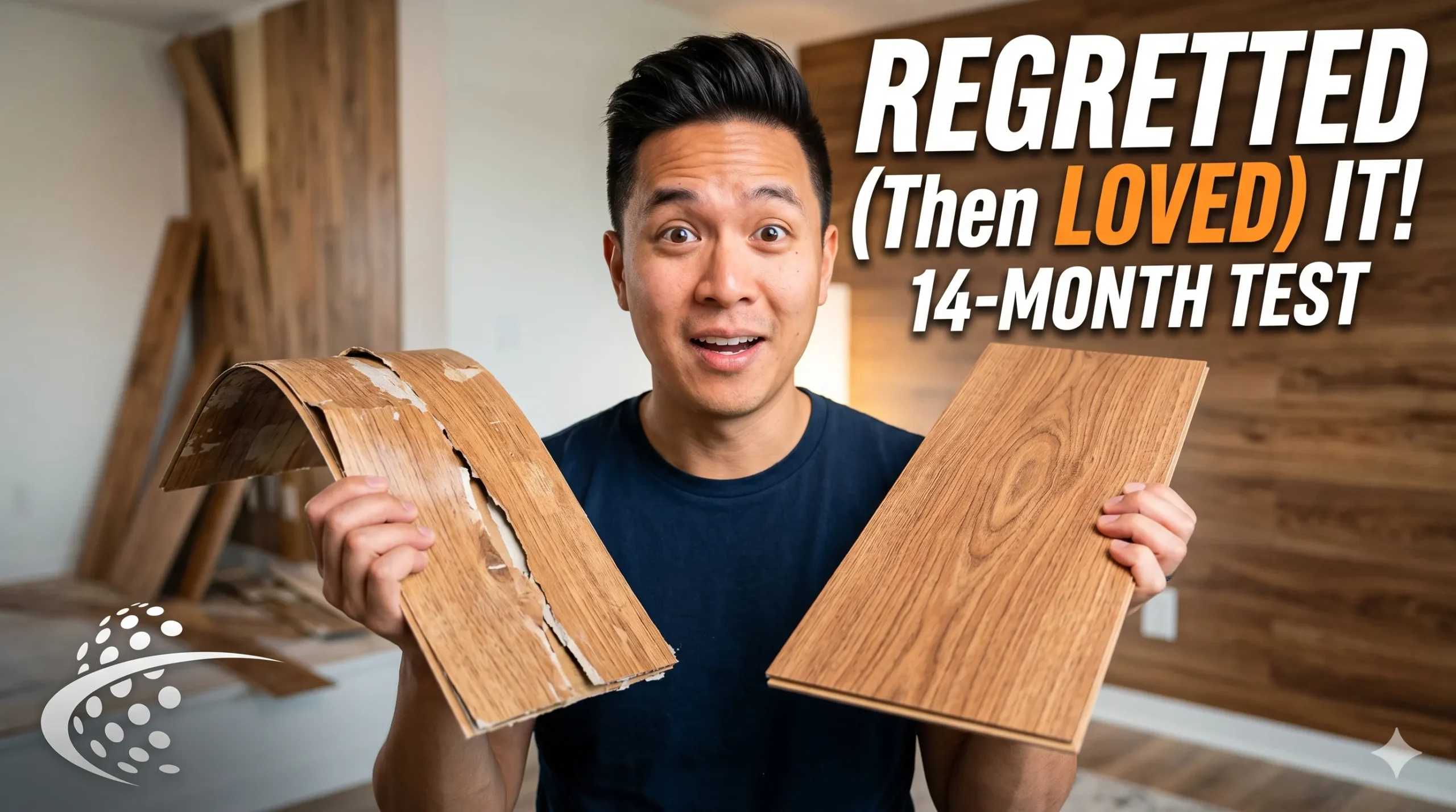 Unboxing and installing peel-and-stick wood planks on an apartment accent wall.