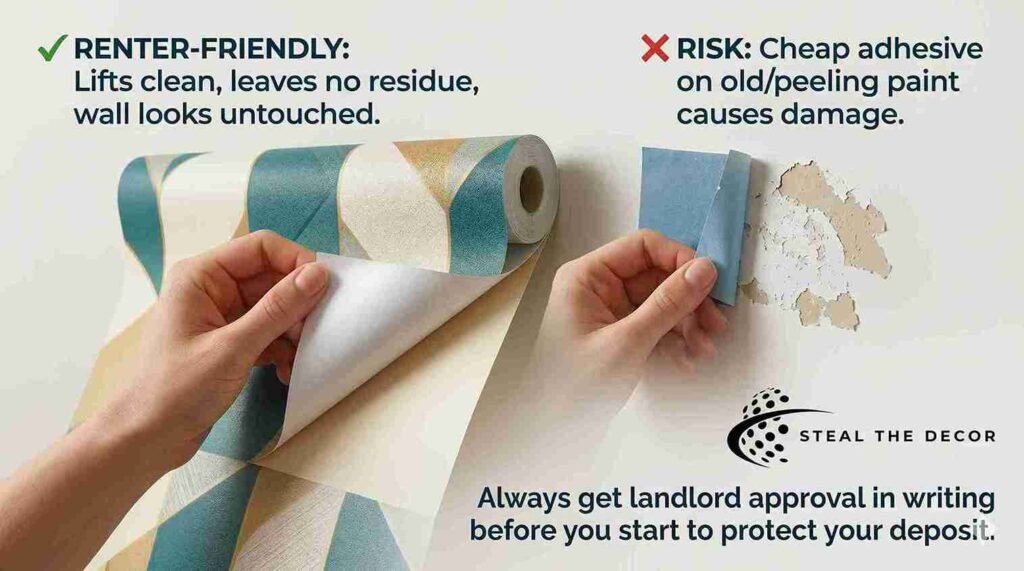 Comparison showing quality peel-and-stick wallpaper lifting clean versus cheap adhesive causing wall damage, emphasizing rental safety.