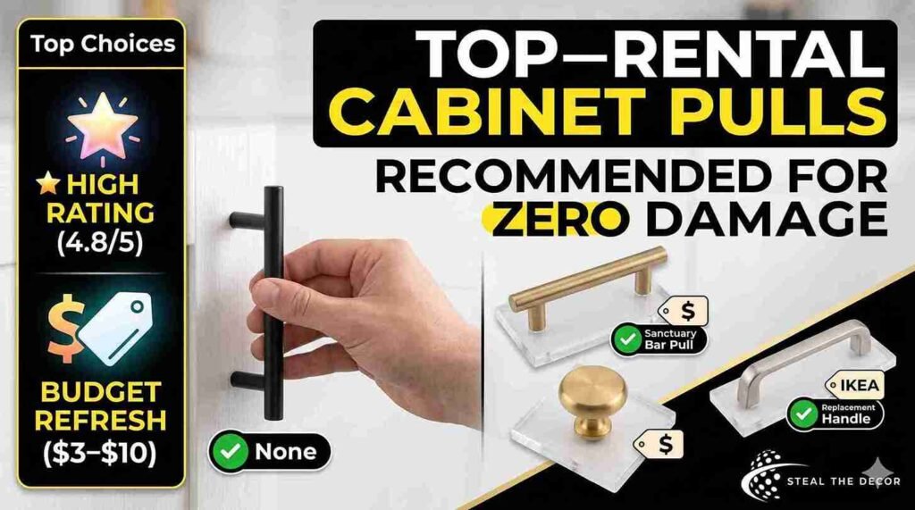 "Rental kitchen after replacing cabinet handles, no-drill method"