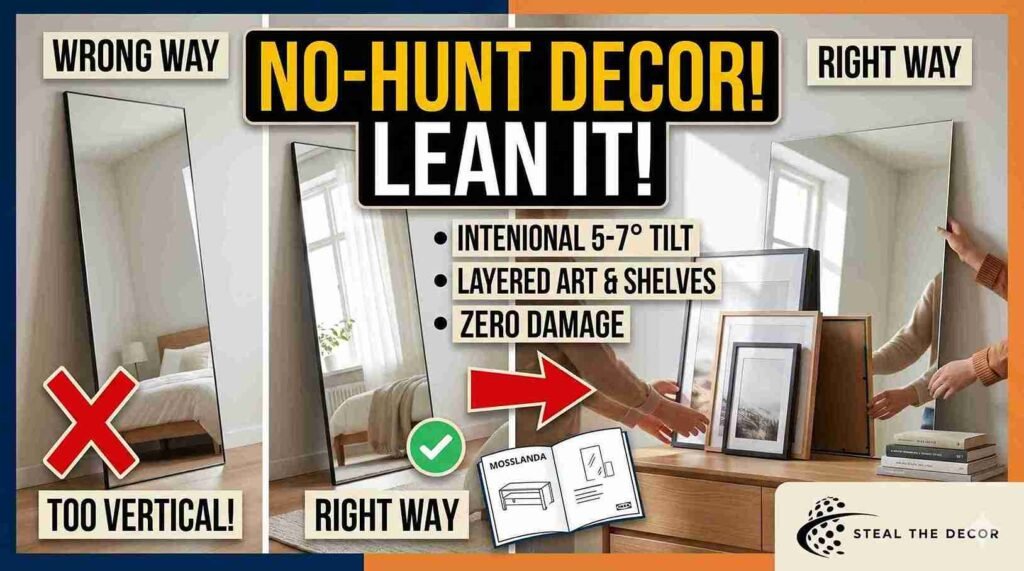 A large frameless mirror and framed art leaning against an apartment wall, highlighting zero-damage rental-friendly accent wall ideas.