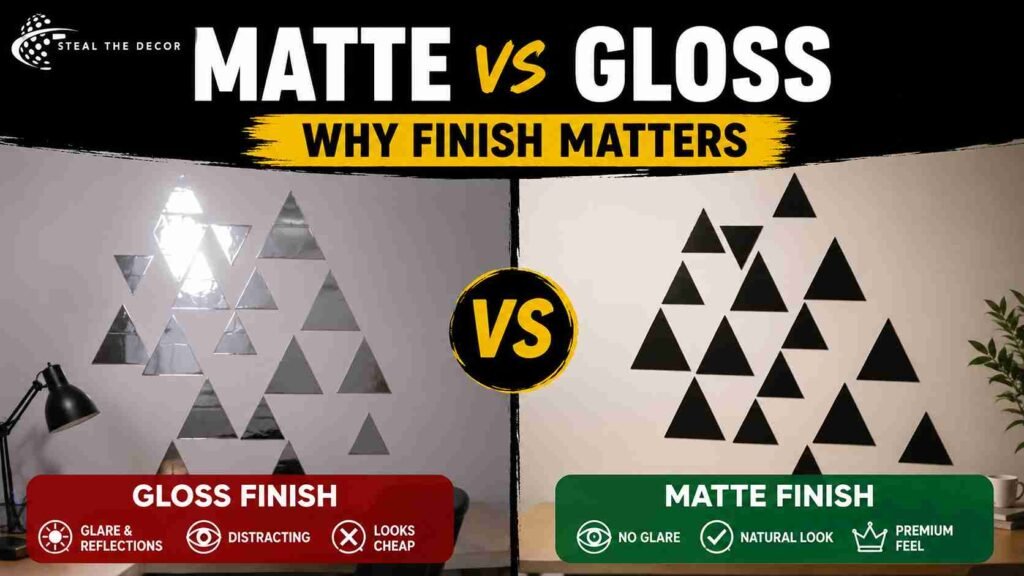 Comparison of a glossy vinyl sticker and premium matte fabric material when choosing removable wall decals for a minimalist look.