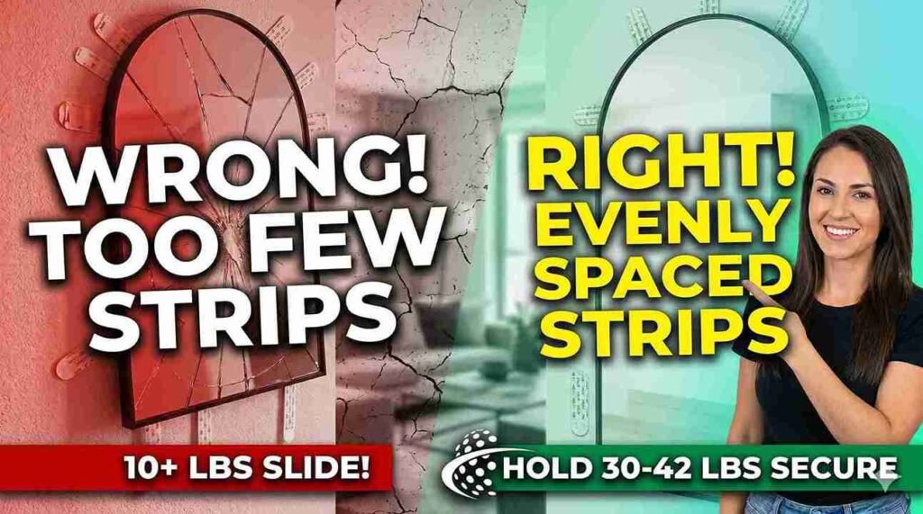 Step-by-step application of 3M Command Large Picture Hanging Strips on the back of a mirror frame